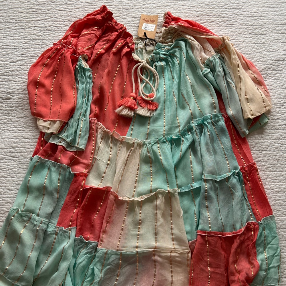 Striped Patchwork Boho Ruffle Dress/Cover-up in Coral, Mint & Cream